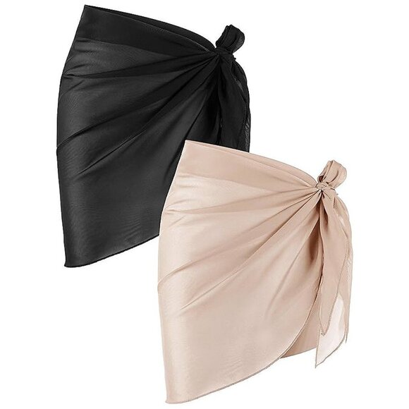 2 Pieces Sarong Coverups for Women Bathing Suit Wrap Black and Khaki - Picture 1 of 7